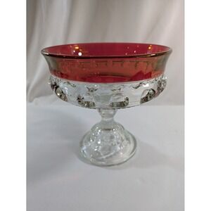 Pedestal Candy Dish Thumb Print Red Trim Indiana Glass Clear 7 1/2"‎ Tall Medium